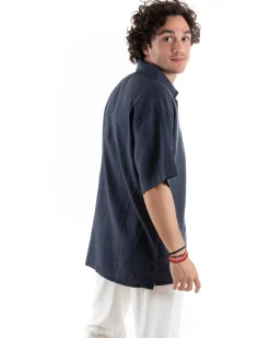 Camicia Uomo Colletto Maniche Corte Tinta Unita Lino Casual Basic Blu GIOSAL-CC1196A