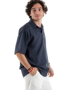 Camicia Uomo Colletto Maniche Corte Tinta Unita Lino Casual Basic Blu GIOSAL-CC1196A