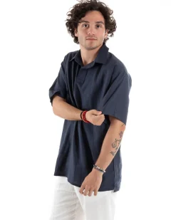 Camicia Uomo Colletto Maniche Corte Tinta Unita Lino Casual Basic Blu GIOSAL-CC1196A