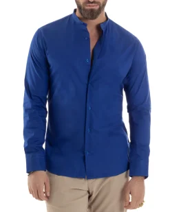 Camicia Uomo Collo Coreano Cotone Basic Sartoriale Slim Fit Blu Royal C2932A