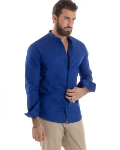 Camicia Uomo Collo Coreano Cotone Basic Sartoriale Slim Fit Blu Royal C2932A