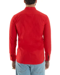 Camicia Uomo Collo Coreano Cotone Basic Sartoriale Slim Fit Rosso C2929A