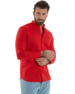 Camicia Uomo Collo Coreano Cotone Basic Sartoriale Slim Fit Rosso C2929A
