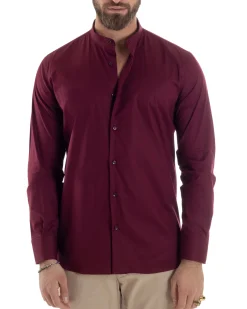 Camicia Uomo Collo Coreano Cotone Basic Sartoriale Slim Fit Bordeaux C2935A