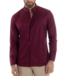 Camicia Uomo Collo Coreano Cotone Basic Sartoriale Slim Fit Bordeaux C2935A