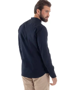 Camicia Uomo Collo Coreano Cotone Basic Sartoriale Slim Fit Blu C2938A