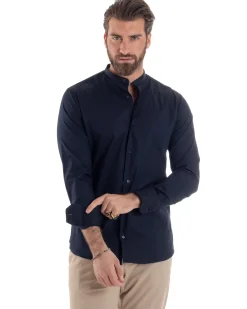Camicia Uomo Collo Coreano Cotone Basic Sartoriale Slim Fit Blu C2938A