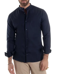 Camicia Uomo Collo Coreano Cotone Basic Sartoriale Slim Fit Blu C2938A