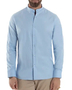 Camicia Uomo Collo Coreano Cotone Basic Sartoriale Slim Fit Celeste C2939A