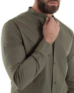 Camicia Uomo Collo Coreano Cotone Basic Sartoriale Slim Fit Verde Militare C2930A