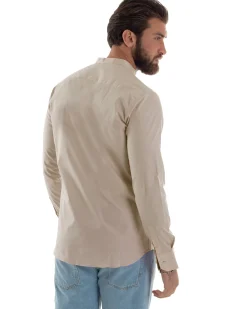Camicia Uomo Collo Coreano Cotone Basic Sartoriale Slim Fit Beige C2937A