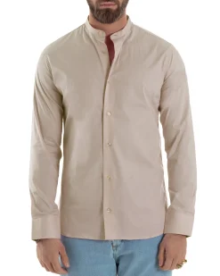 Camicia Uomo Collo Coreano Cotone Basic Sartoriale Slim Fit Beige C2937A