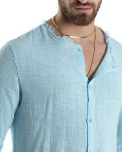 Camicia Uomo Collo Coreano Cotone Lino Sfrangiata Morbida Celeste GIOSAL-C2837A