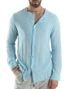 Camicia Uomo Collo Coreano Cotone Lino Sfrangiata Morbida Celeste GIOSAL-C2837A