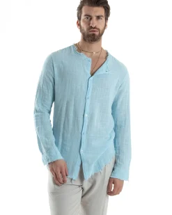 Camicia Uomo Collo Coreano Cotone Lino Sfrangiata Morbida Celeste GIOSAL-C2837A