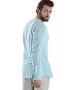 Camicia Uomo Collo Coreano Cotone Lino Sfrangiata Morbida Celeste GIOSAL-C2837A