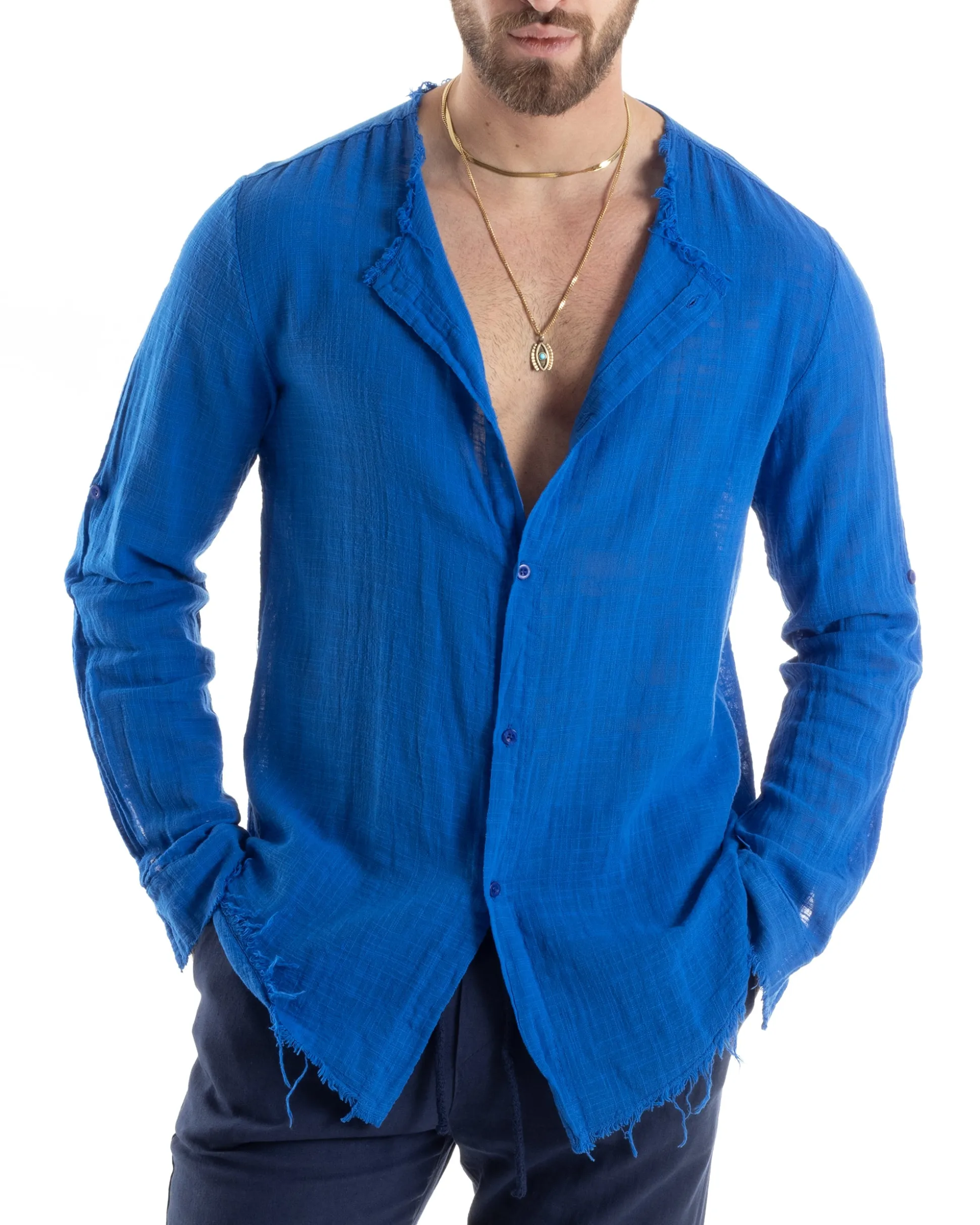 Camicia Uomo Collo Coreano Cotone Lino Sfrangiata Morbida Blu Royal GIOSAL-C2842A