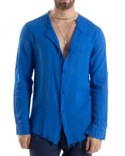 Camicia Uomo Collo Coreano Cotone Lino Sfrangiata Morbida Blu Royal GIOSAL-C2842A