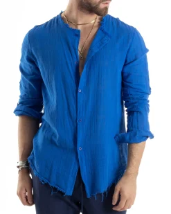 Camicia Uomo Collo Coreano Cotone Lino Sfrangiata Morbida Blu Royal GIOSAL-C2842A