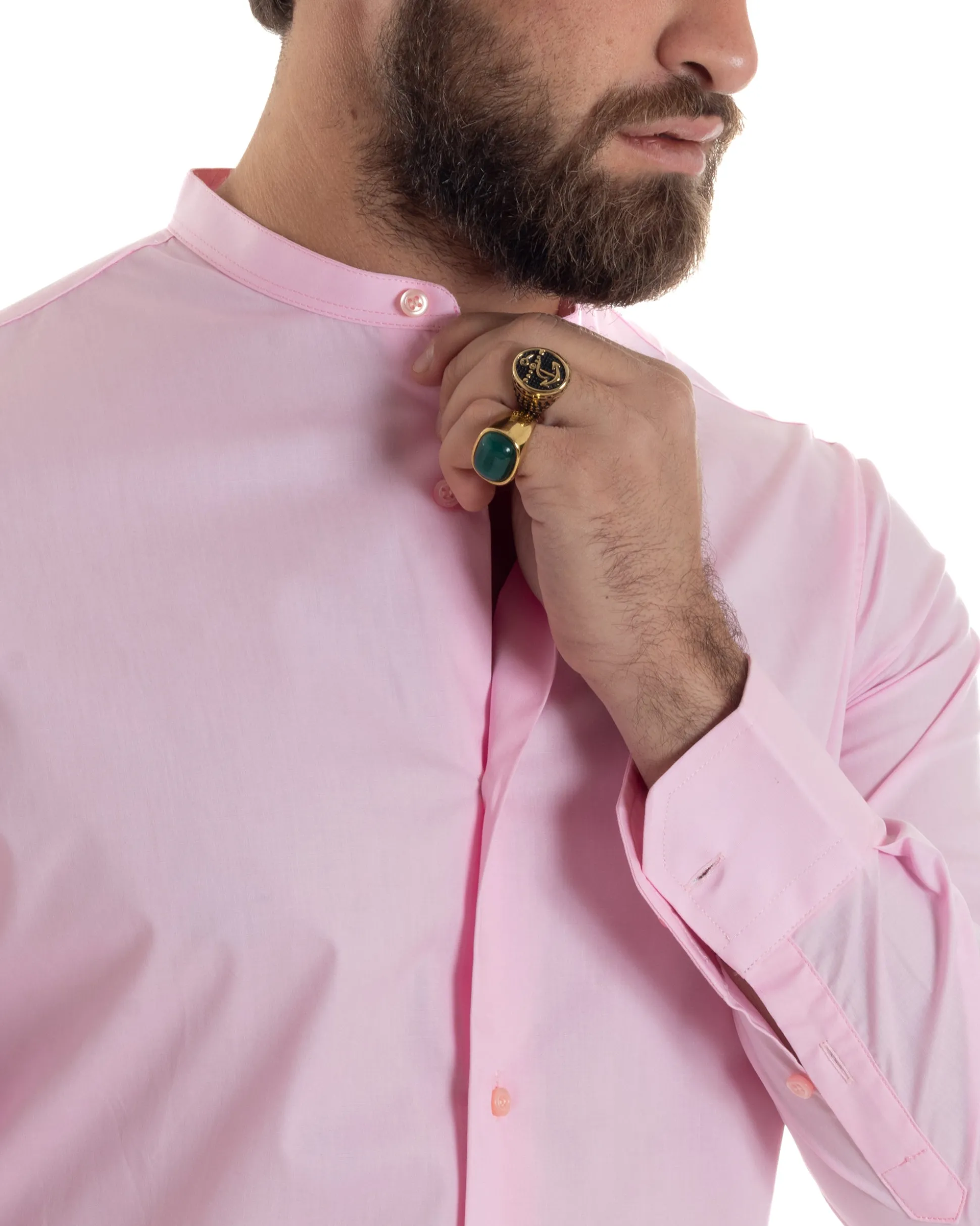 Camicia Uomo Collo Coreano Cotone Basic Sartoriale Slim Fit Rosa C2933A