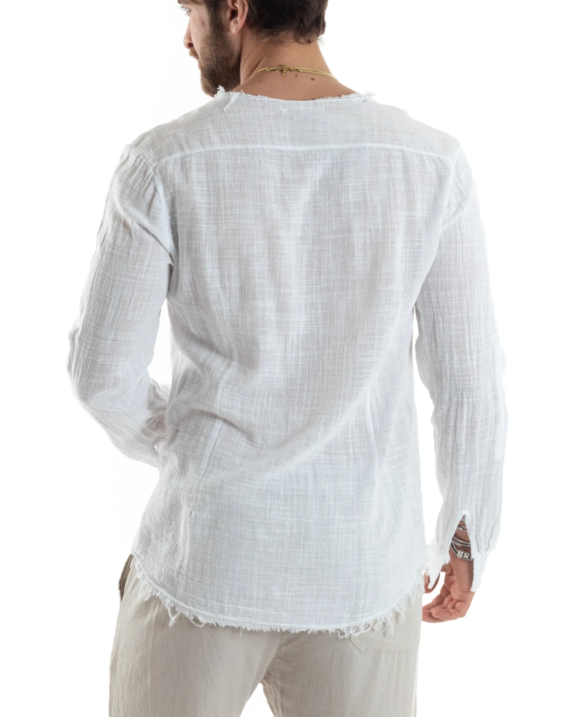 Camicia Uomo Collo Coreano Cotone Lino Sfrangiata Morbida Bianco GIOSAL-C2840A
