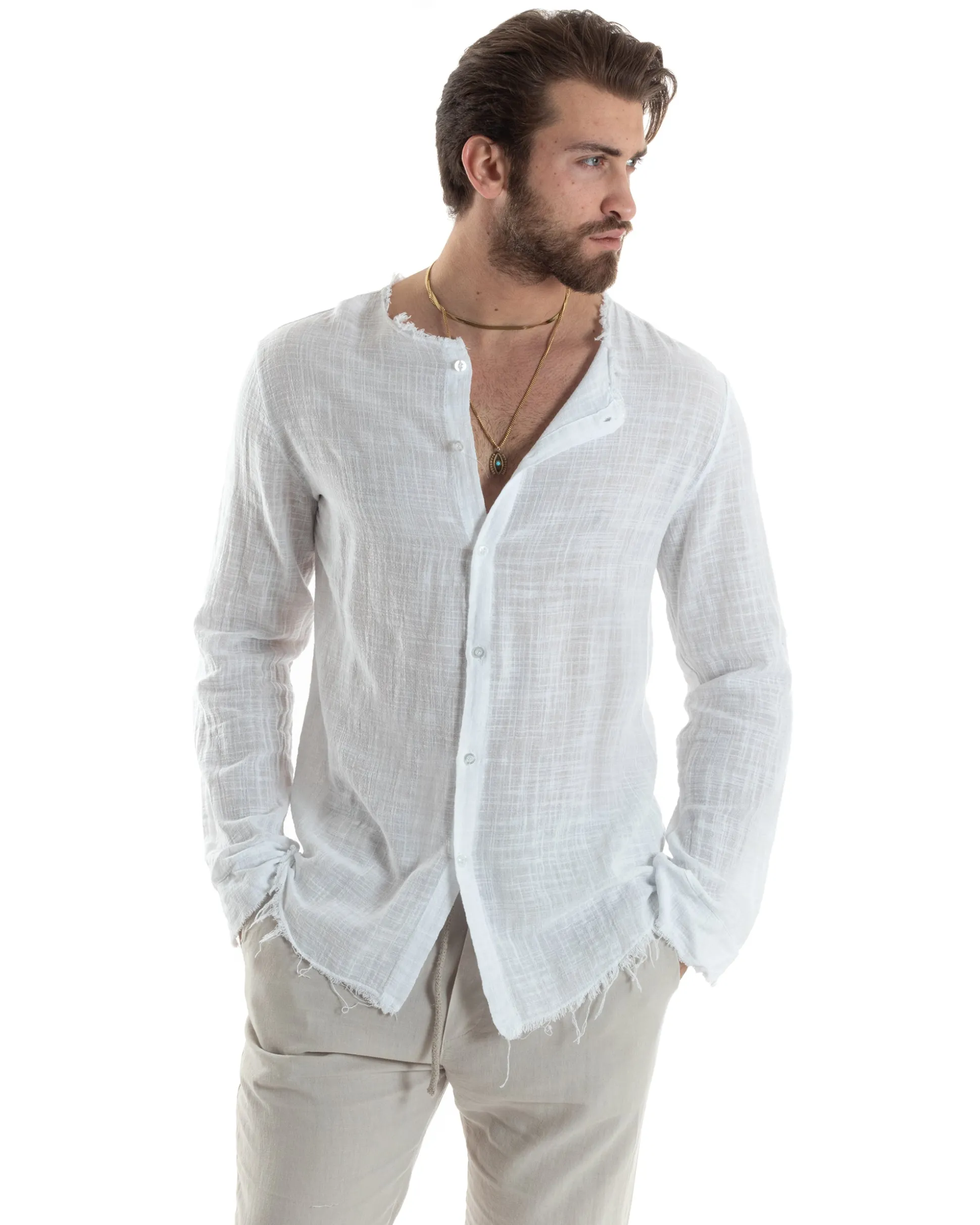 Camicia Uomo Collo Coreano Cotone Lino Sfrangiata Morbida Bianco GIOSAL-C2840A