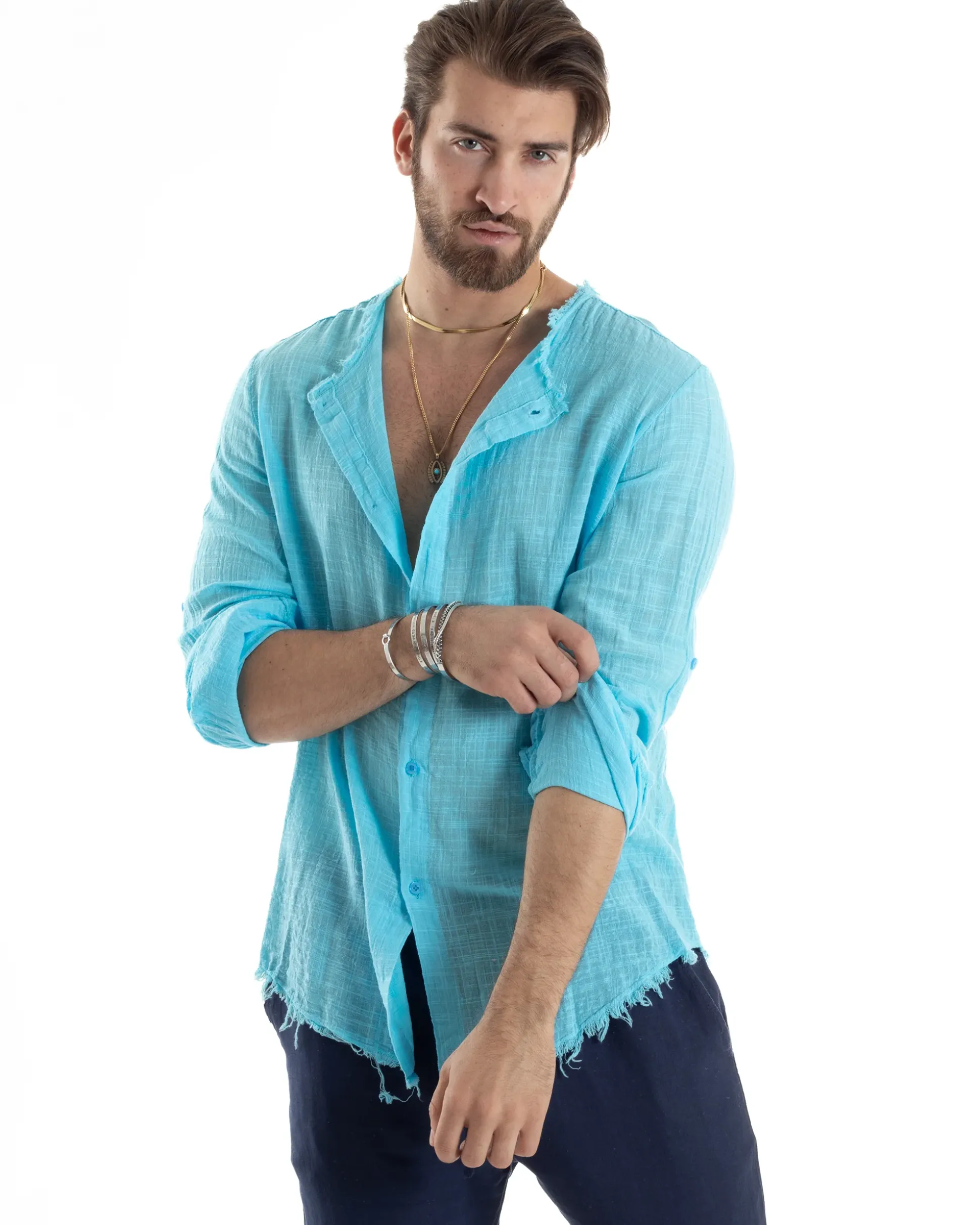 Camicia Uomo Collo Coreano Cotone Lino Sfrangiata Morbida Turchese GIOSAL-C2839A