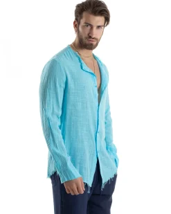 Camicia Uomo Collo Coreano Cotone Lino Sfrangiata Morbida Turchese GIOSAL-C2839A