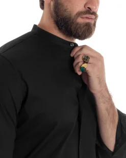 Camicia Uomo Collo Coreano Cotone Basic Sartoriale Slim Fit Nero C2931A