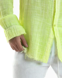 Camicia Uomo Collo Coreano Cotone Lino Sfrangiata Morbida Giallo Fluo GIOSAL-C2960A