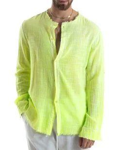Camicia Uomo Collo Coreano Cotone Lino Sfrangiata Morbida Giallo Fluo GIOSAL-C2960A