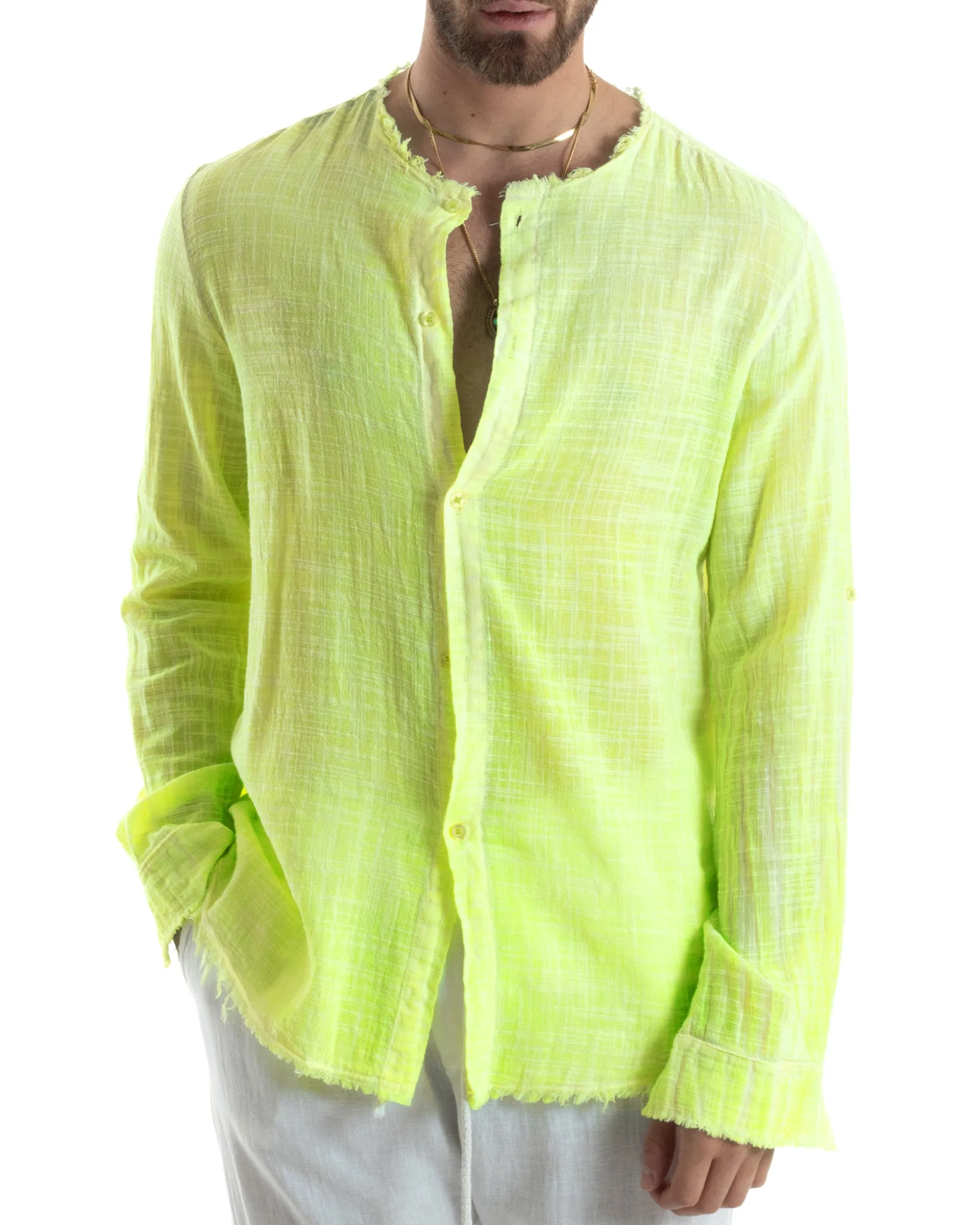 Camicia Uomo Collo Coreano Cotone Lino Sfrangiata Morbida Giallo Fluo GIOSAL-C2960A
