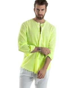Camicia Uomo Collo Coreano Cotone Lino Sfrangiata Morbida Giallo Fluo GIOSAL-C2960A