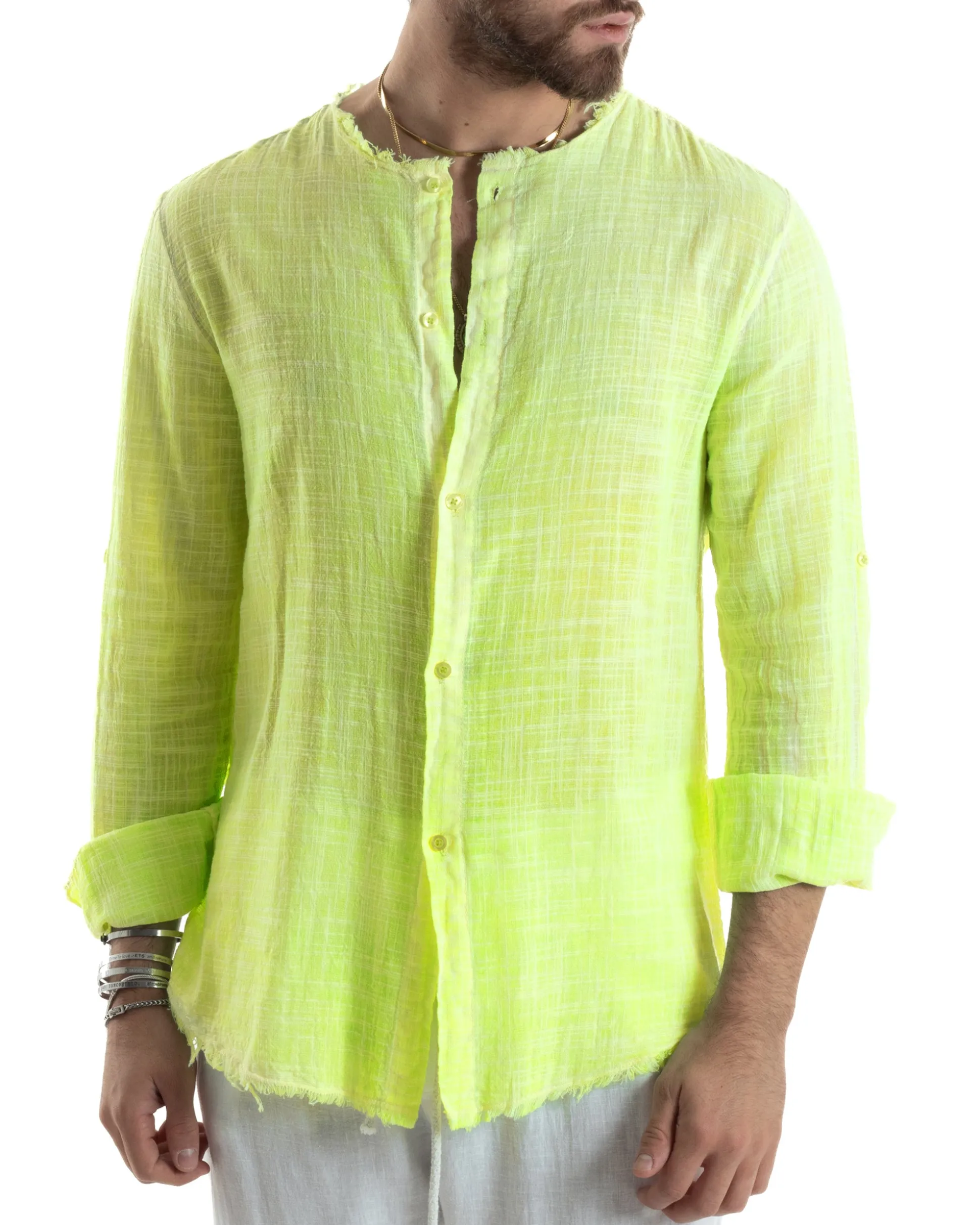 Camicia Uomo Collo Coreano Cotone Lino Sfrangiata Morbida Giallo Fluo GIOSAL-C2960A