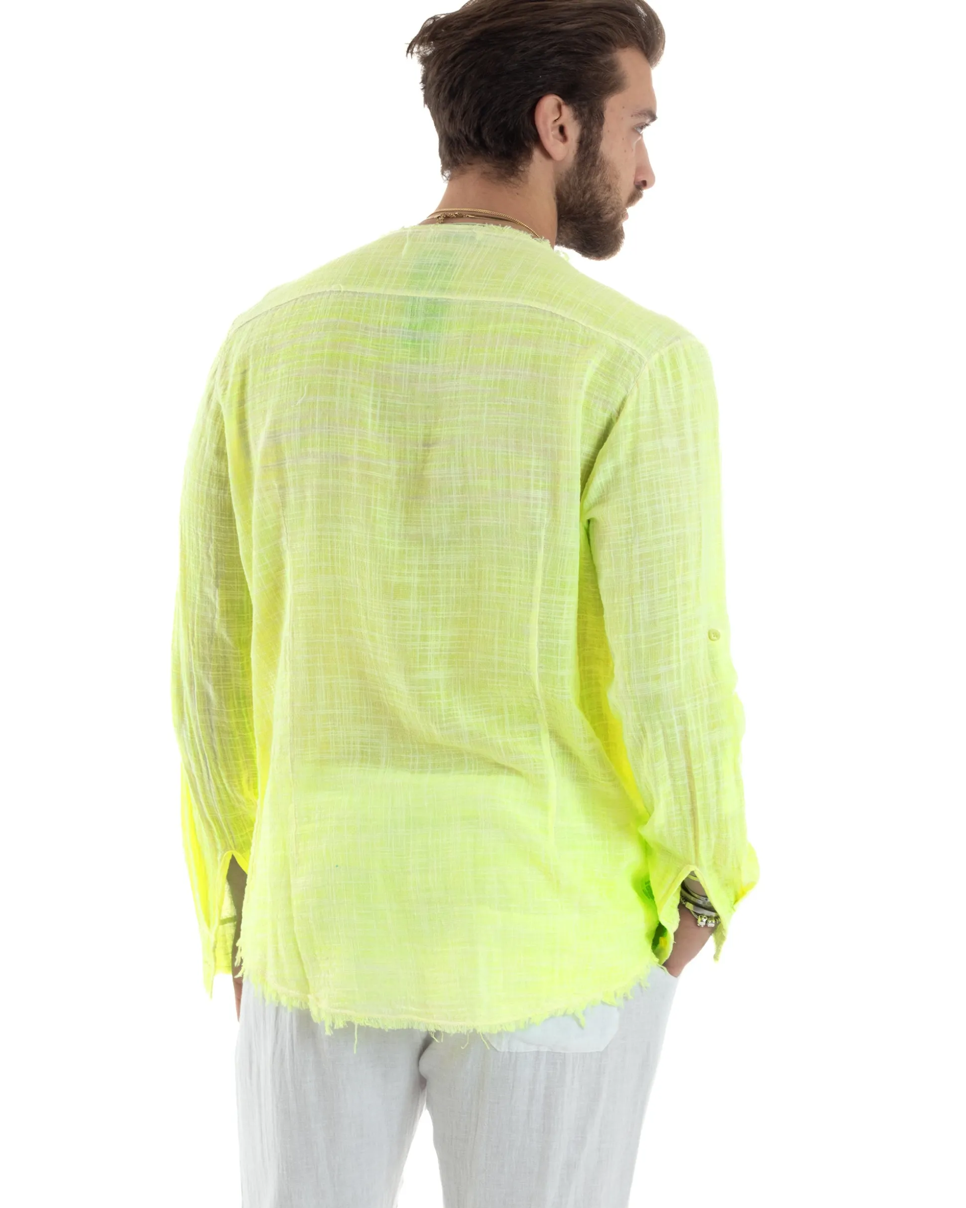 Camicia Uomo Collo Coreano Cotone Lino Sfrangiata Morbida Giallo Fluo GIOSAL-C2960A