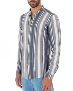 Camicia Uomo Collo Coreano Lino Rigata Sartoriale Blu GIOSAL-C2342A