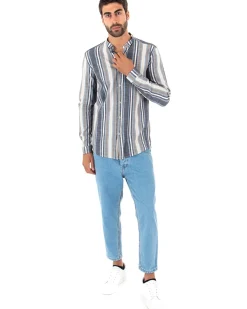 Camicia Uomo Collo Coreano Lino Rigata Sartoriale Blu GIOSAL-C2342A