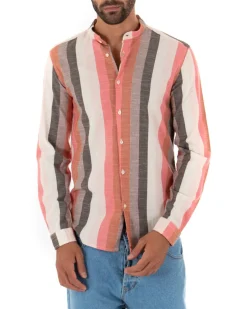 Camicia Uomo Collo Coreano Lino Rigata Sartoriale Corallo GIOSAL-C2343A