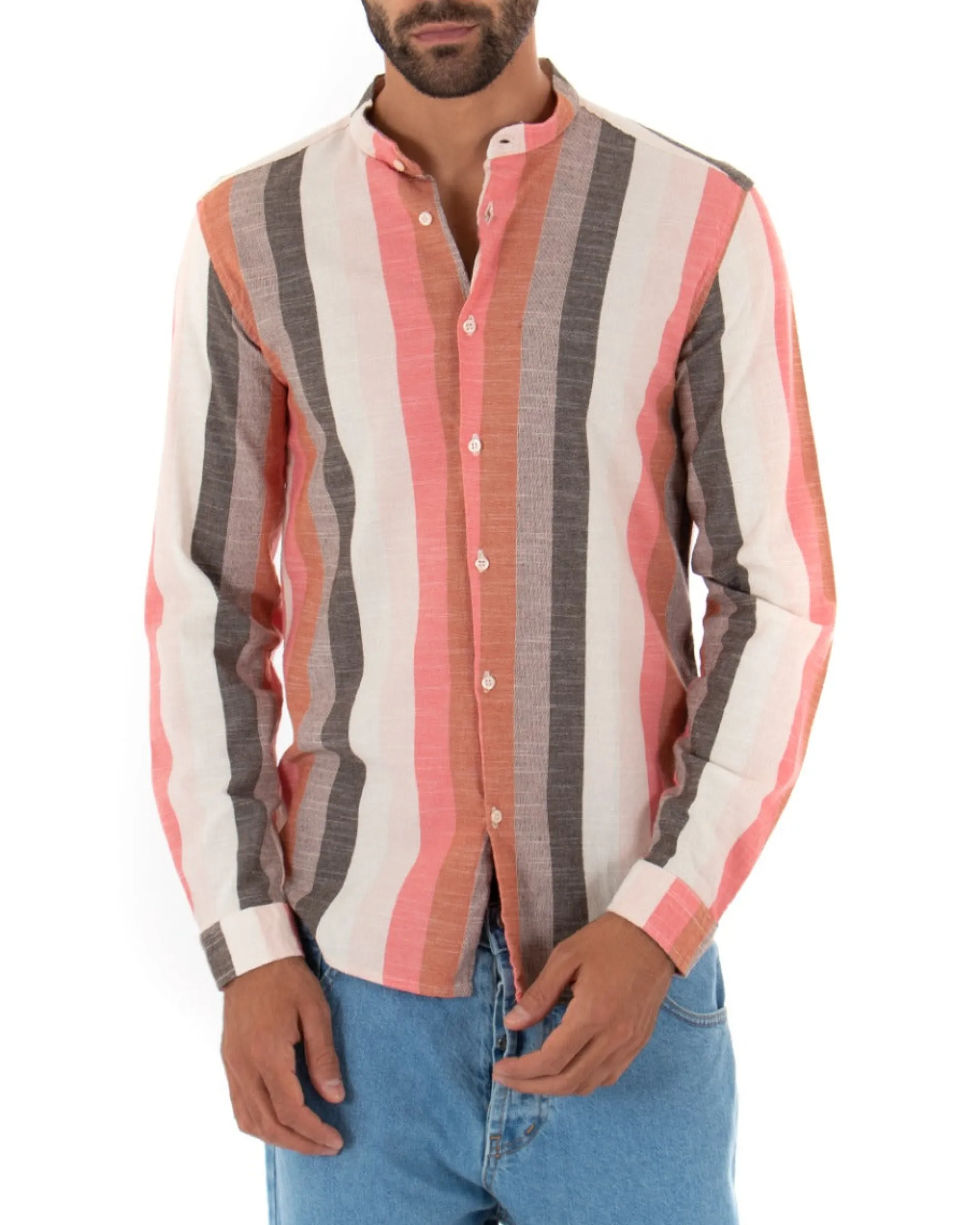 Camicia Uomo Collo Coreano Lino Rigata Sartoriale Corallo GIOSAL-C2343A