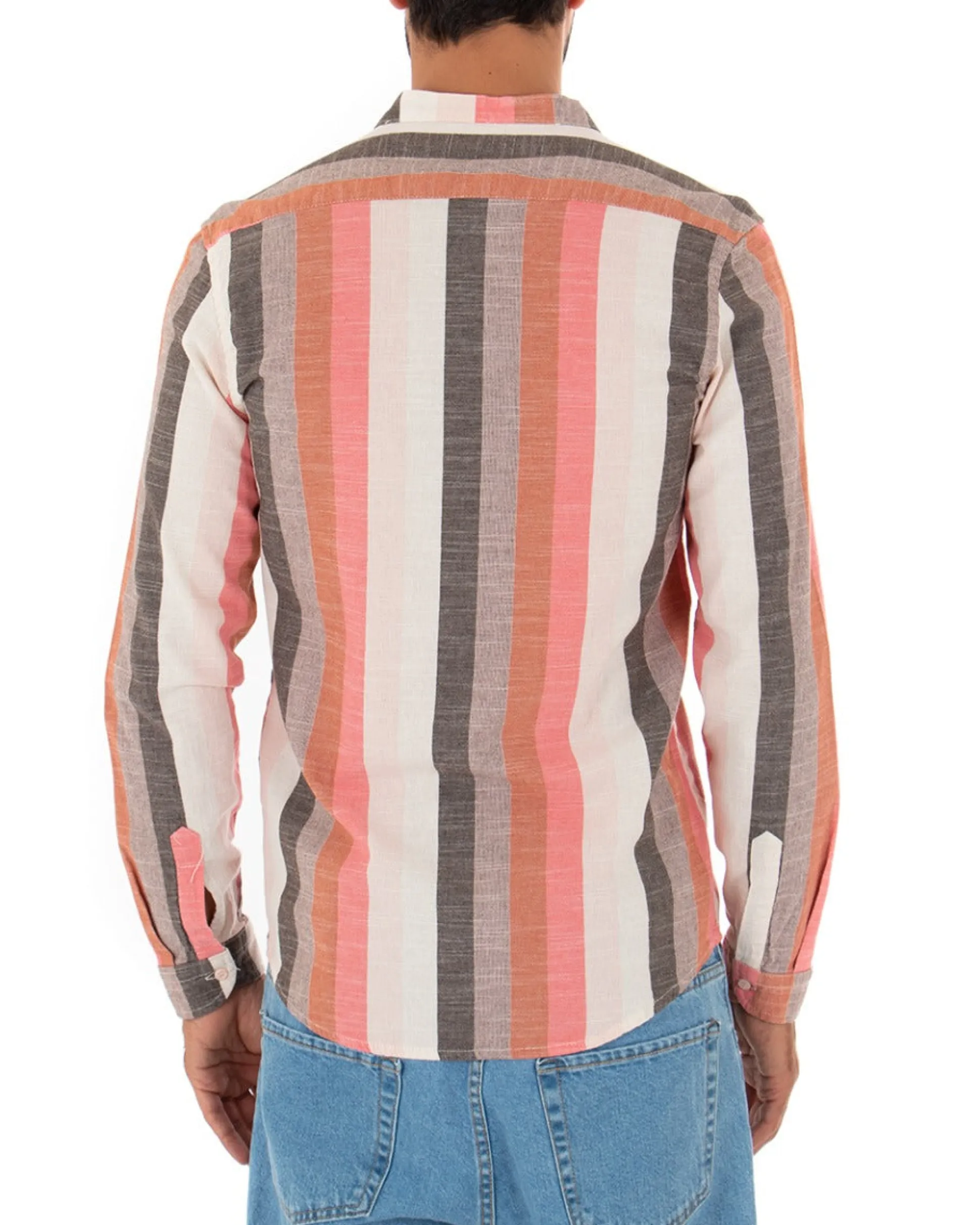 Camicia Uomo Collo Coreano Lino Rigata Sartoriale Corallo GIOSAL-C2343A