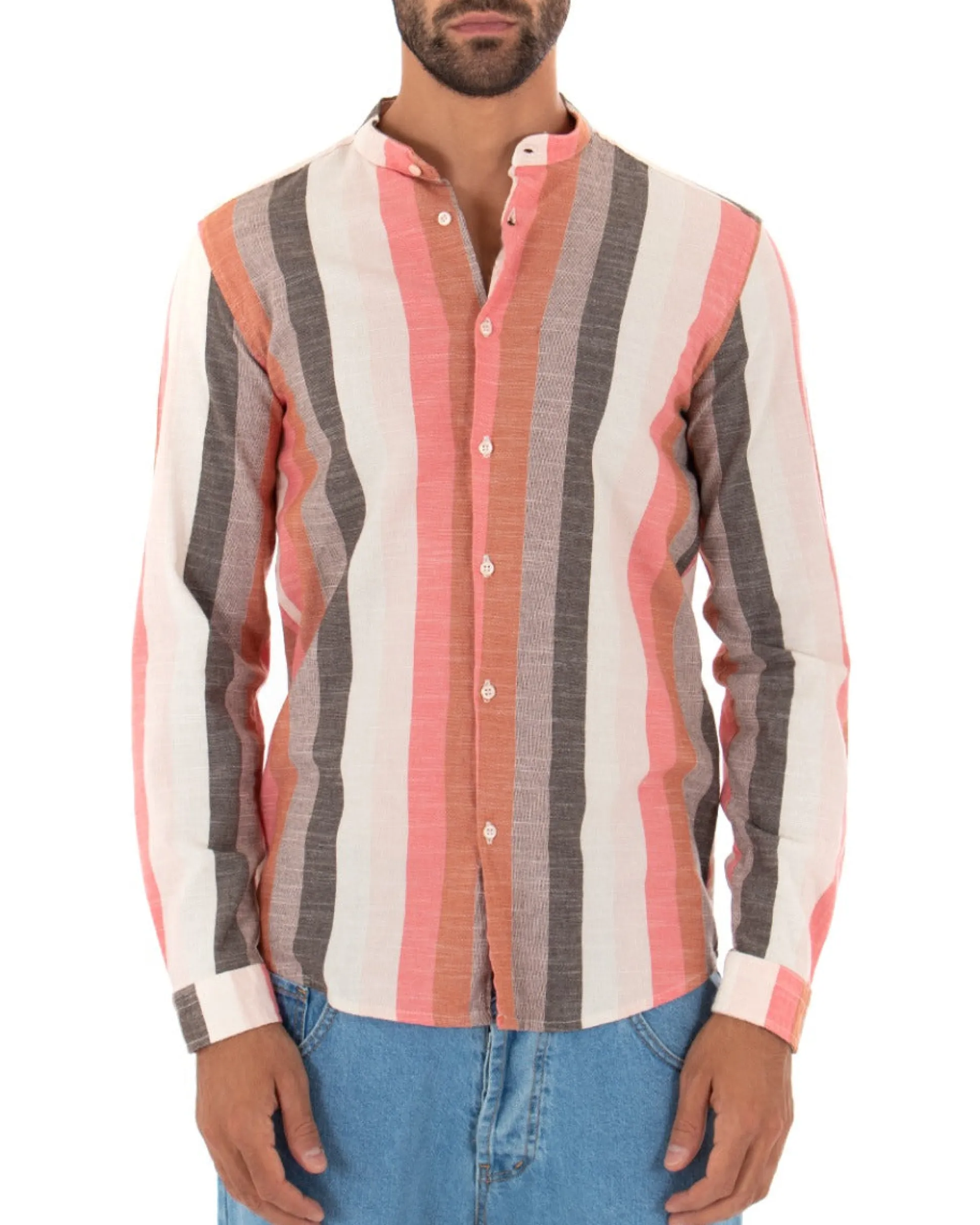 Camicia Uomo Collo Coreano Lino Rigata Sartoriale Corallo GIOSAL-C2343A