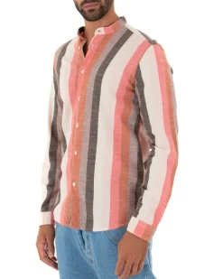 Camicia Uomo Collo Coreano Lino Rigata Sartoriale Corallo GIOSAL-C2343A