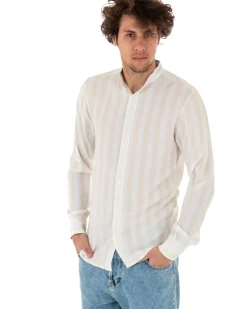 Camicia Uomo Collo Coreano Manica Lunga Viscosa Fantasia a Righe Beige GIOSAL-C1919A