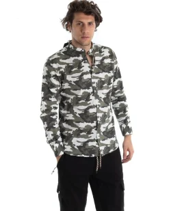 Camicia Uomo Collo Coreano Manica Lunga Cotone Fantasia Militare GIOSAL-C2442A