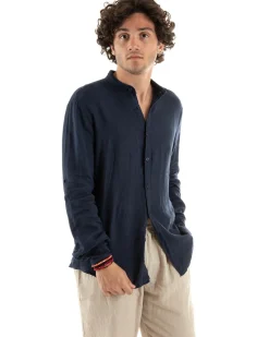 Camicia Uomo Collo Coreano Slim Fit Lino Tinta Unita Maniche Lunghe Blu GIOSAL-C2883A