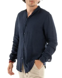 Camicia Uomo Collo Coreano Slim Fit Lino Tinta Unita Maniche Lunghe Blu GIOSAL-C2883A