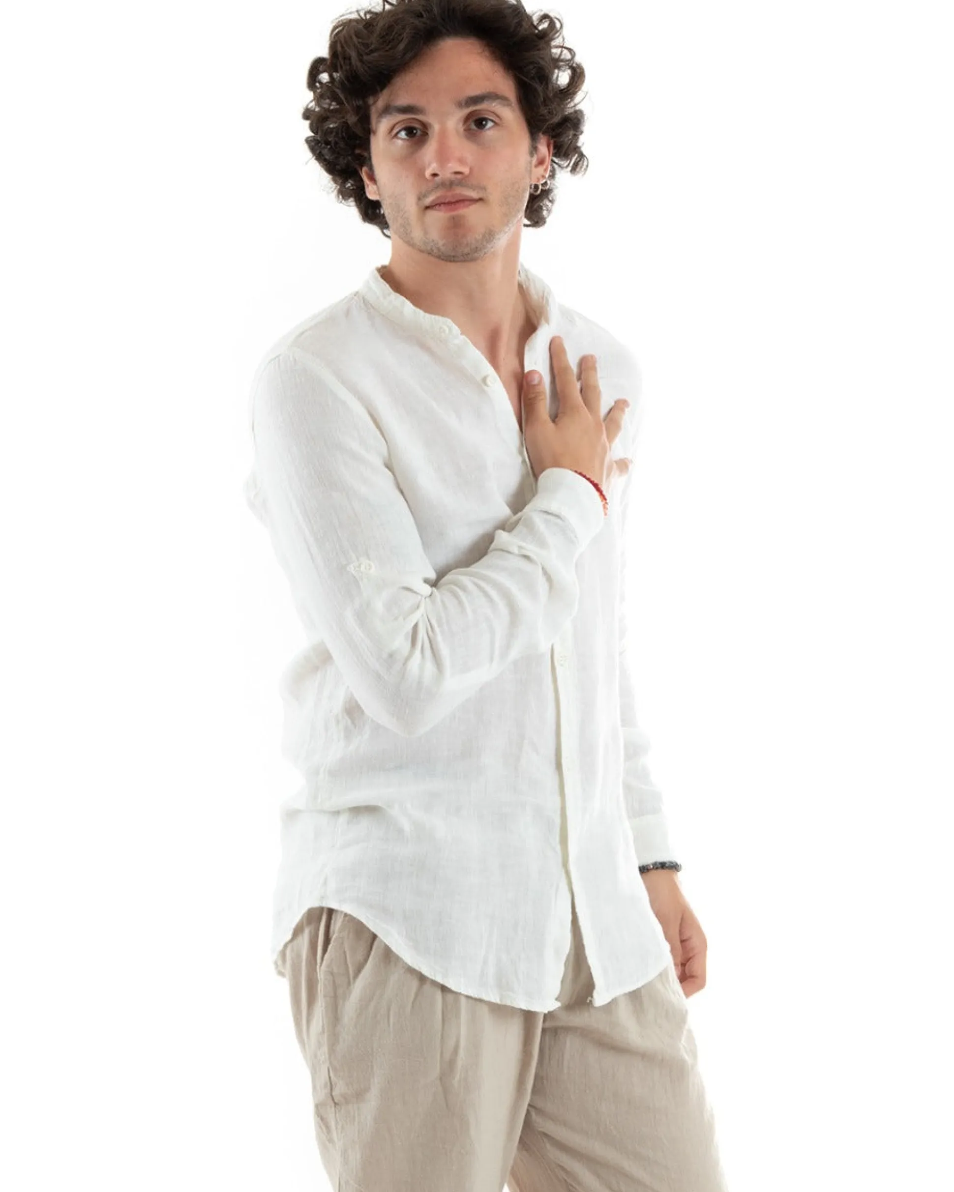Camicia Uomo Collo Coreano Slim Fit Lino Tinta Unita Maniche Lunghe Bianco GIOSAL-C2885A