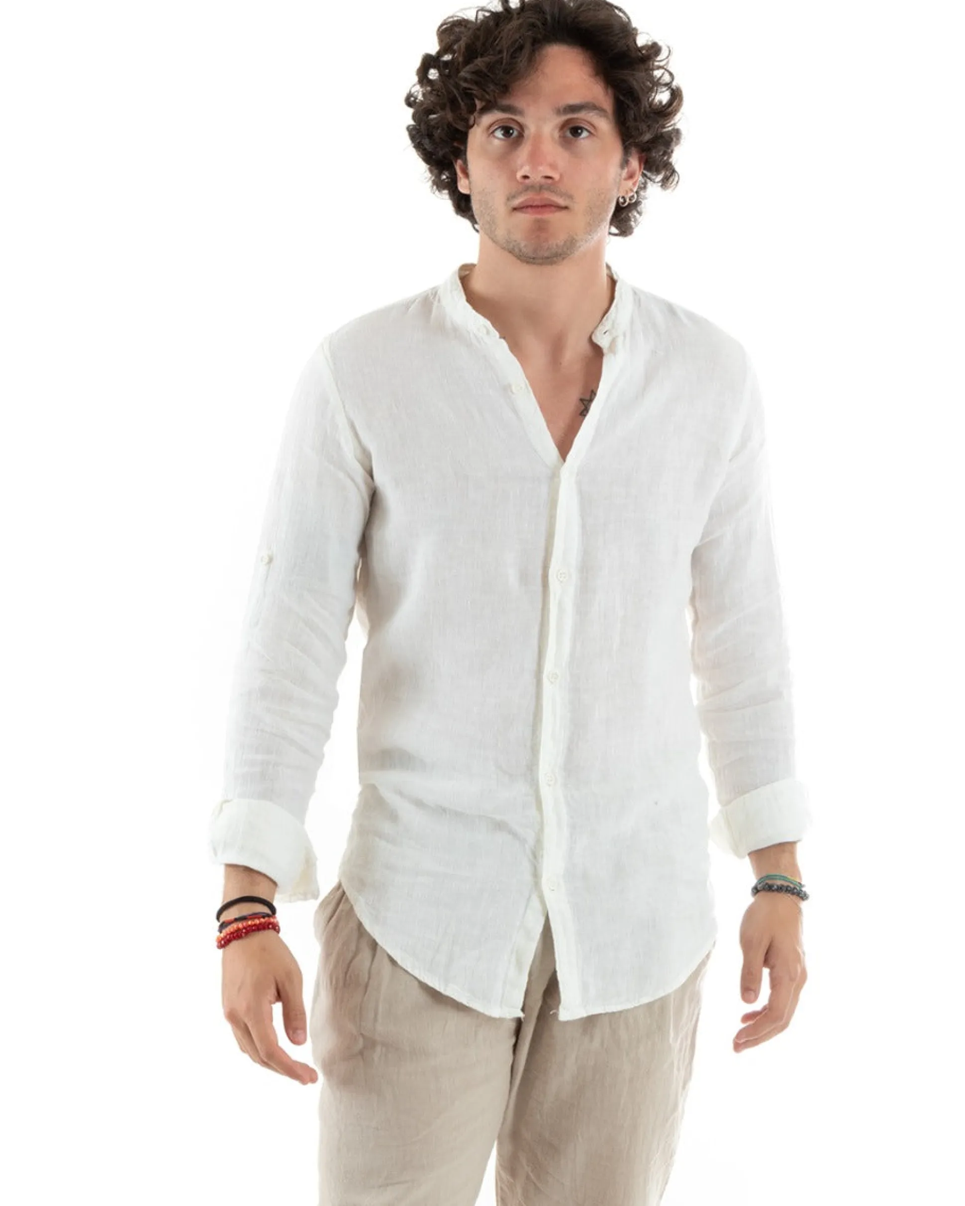 Camicia Uomo Collo Coreano Slim Fit Lino Tinta Unita Maniche Lunghe Bianco GIOSAL-C2885A