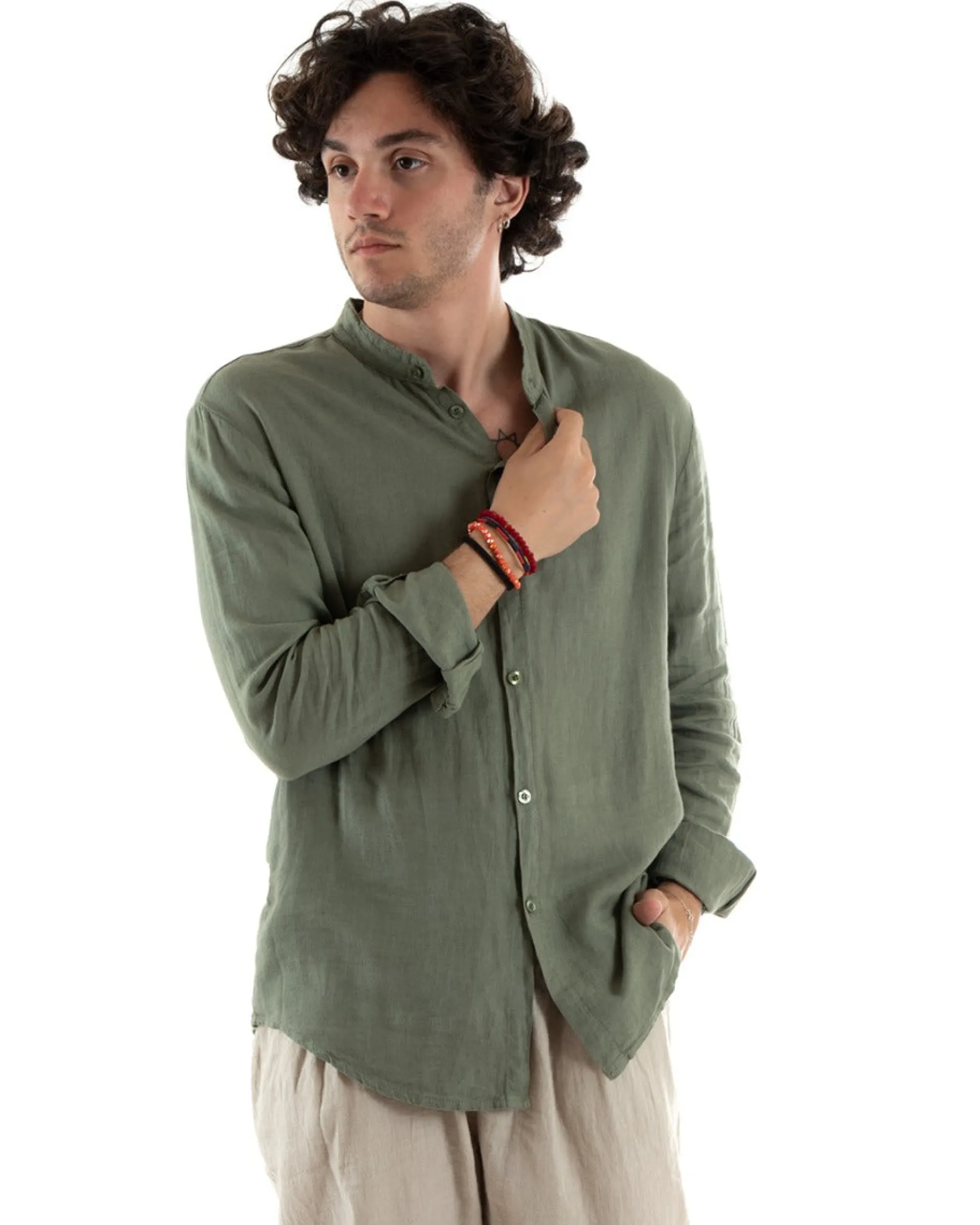 Camicia Uomo Collo Coreano Slim Fit Lino Tinta Unita Maniche Lunghe Verde GIOSAL-C2886A