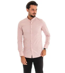 Camicia Uomo Collo Coreano Slim Fit Basic Casual Cotone Rosa C1817A